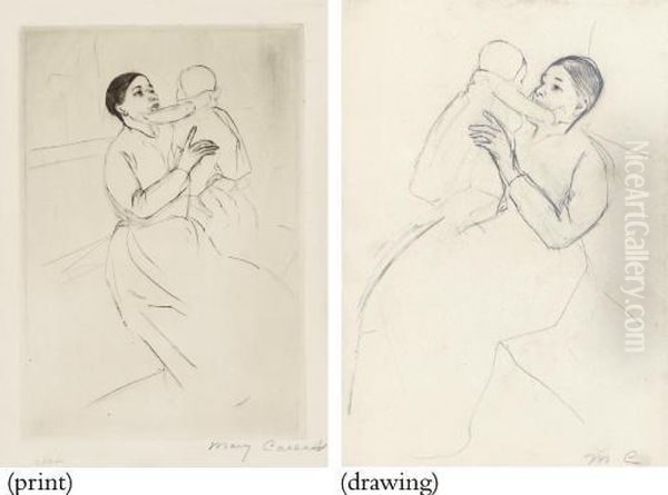 Mother Marie Holding Up Her 
Baby: Only State And Preparatory Drawing (b. 141; Not In B. Cr) Oil Painting by Mary Cassatt