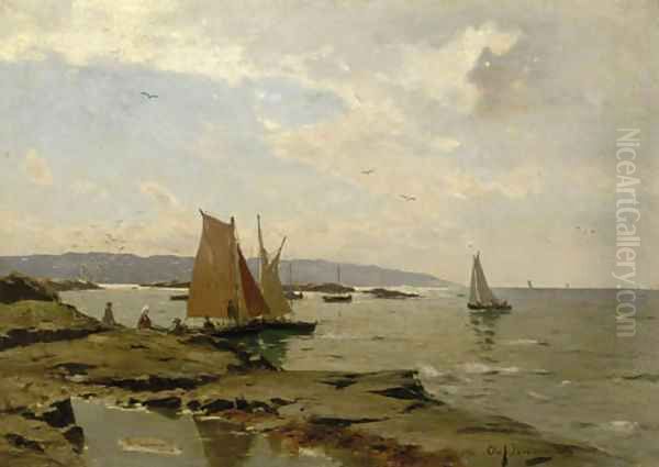 Summer sailing boats off the Swedish coast Oil Painting by August Jernberg