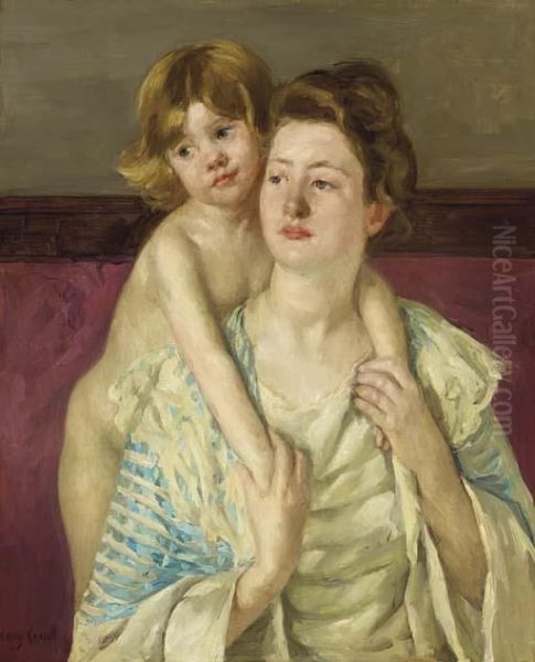 Antoinette Holding Her Child By Both Hands Oil Painting by Mary Cassatt