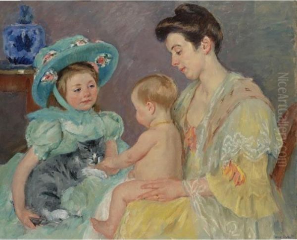 Children Playing With A Cat Oil Painting by Mary Cassatt