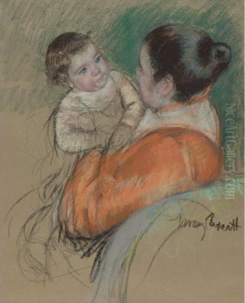 Mother Louise Holding Up Her Blue-eyed Child Oil Painting by Mary Cassatt