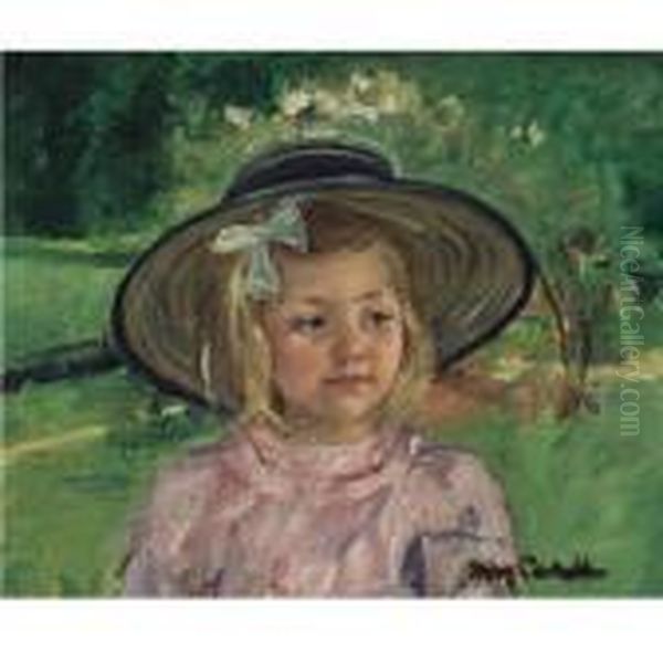 Little Girl In A Stiff, Round Hat, Looking To Right In A Sunny Garden Oil Painting by Mary Cassatt