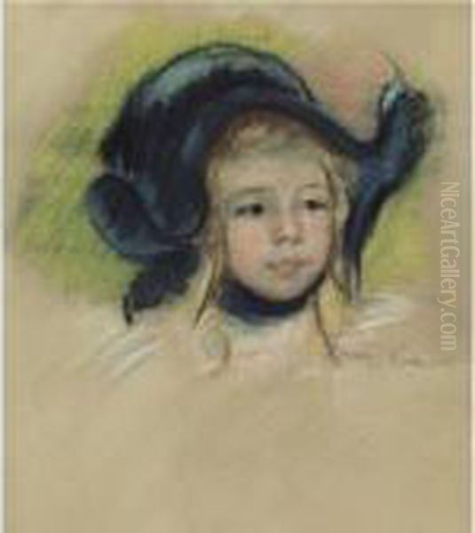 Head Of Simone In A Green Bonnet With Wavy Brim Oil Painting by Mary Cassatt