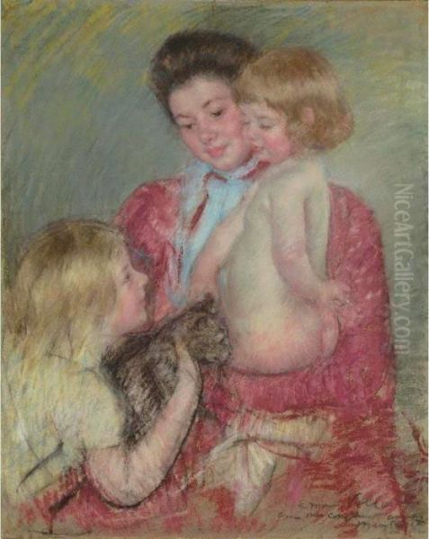 Reine Lefebvre With Blond Baby And Sara Holding A Cat (maternite) Oil Painting by Mary Cassatt