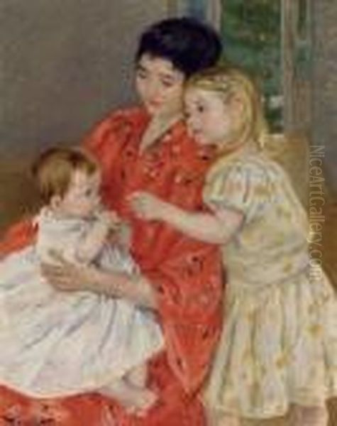 Mother And Sara Admiring The Baby Oil Painting by Mary Cassatt