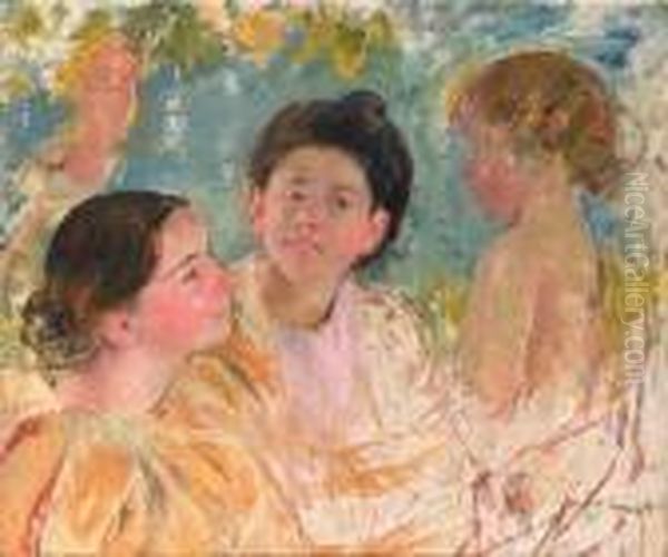 Two Young Girls With A Child Oil Painting by Mary Cassatt