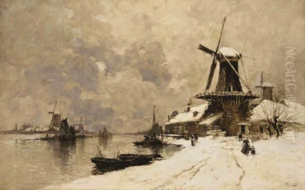 Windmills Along A Canal In Winter Oil Painting by Hendrick, Henri Cassiers