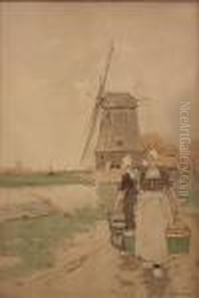 Dutch Scenes With Figuresby A Windmill And Figures By A Boat Oil Painting by Hendrick, Henri Cassiers