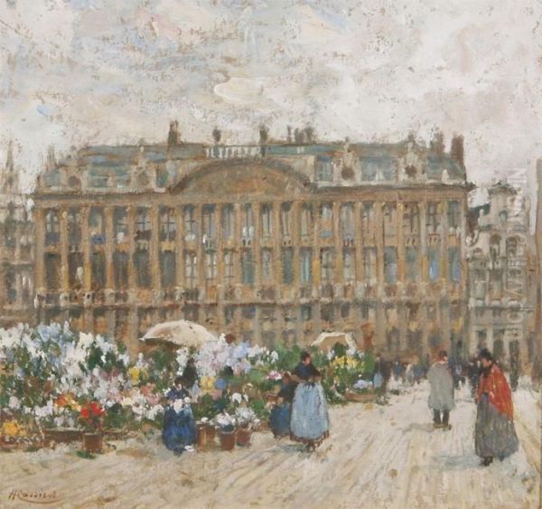 The Flower Market On The Brussels Grote Markt Oil Painting by Hendrick, Henri Cassiers