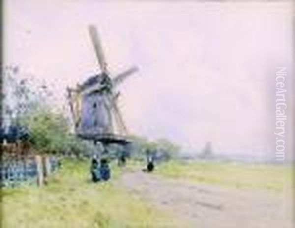 Paysage Anime Avec Moulin A Vent Oil Painting by Hendrick, Henri Cassiers