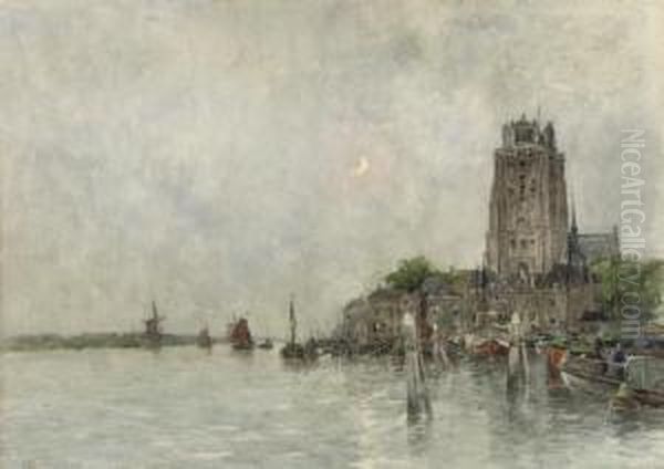 The Harbour Of Dordrecht By Moonlight Oil Painting by Hendrick, Henri Cassiers