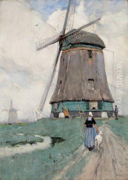 Hollandaise Devant Un Moulin Hollandais Oil Painting by Hendrick, Henri Cassiers