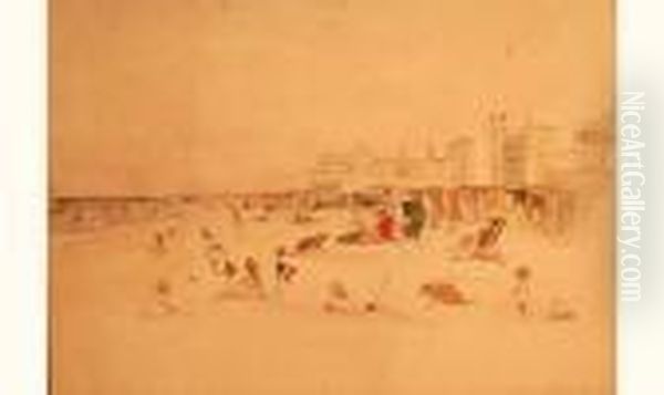 Henricassiers (attribue A). - La Plage D'ostende Animee (le Kursaal Aufond). Oil Painting by Hendrick, Henri Cassiers