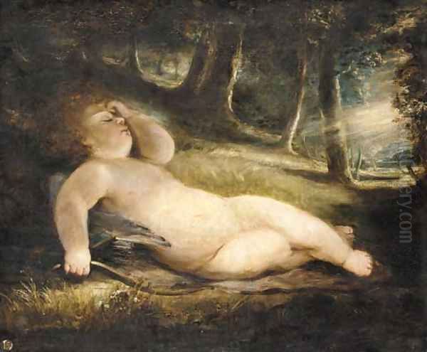 Cupid asleep in a woodland clearing Oil Painting by John Jackson