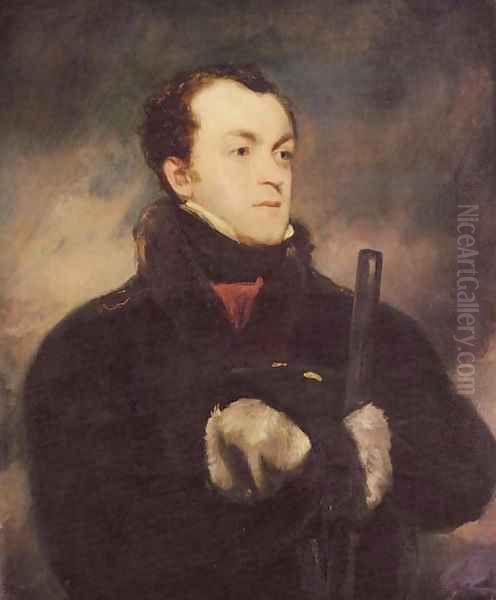 Portrait of Captain Lyon, RN (1795-1832), half length, in a fur-trimmed coat, holding a gun Oil Painting by John Jackson