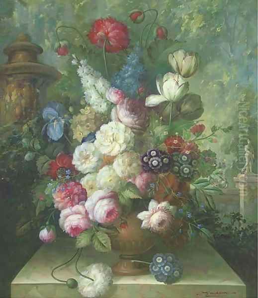 Tulips, peonies, chrysanthemums, poppies in a vase, on a ledge Oil Painting by John Jackson