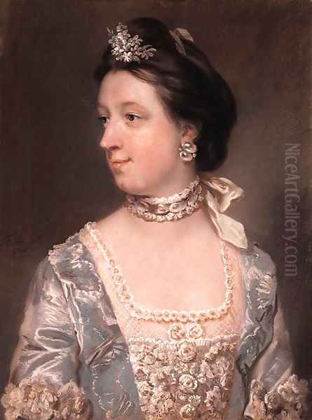 Portrait of Rebecca Tucker, half-length, in a blue dress embroidered with roses and lace work Oil Painting by Francis Coates Jones