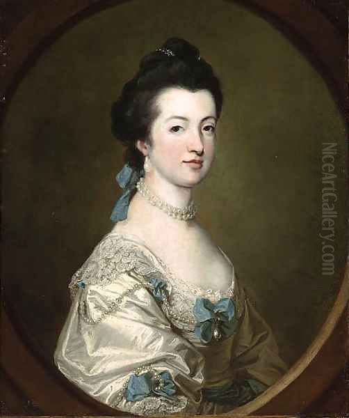 Portrait of the Hon. Elizabeth Booth (1743-1765), half length, in a white dress decorated with bows and pearls, within a feigned stone oval Oil Painting by Francis Coates Jones