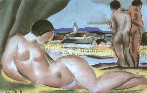 View of Nagybanya with Nudes 1935 Oil Painting by David Jandi