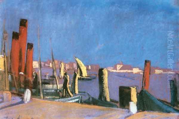 Harbour in Venice 1930 Oil Painting by David Jandi