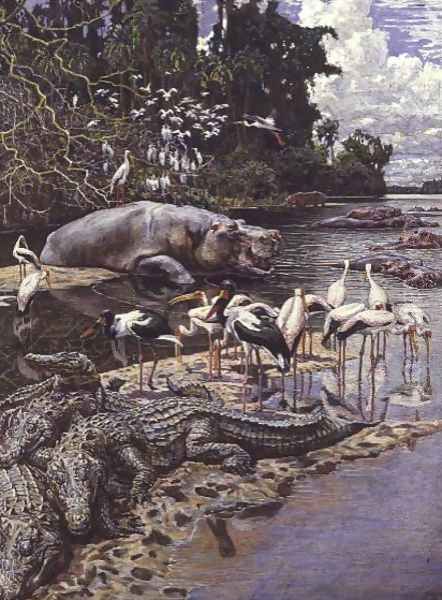 Swamp Animals and Birds on the River Gambia Oil Painting by Harry Hamilton Johnston