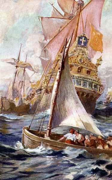 An Attack on a Spanish Galleon Oil Painting by Harry Hamilton Johnston