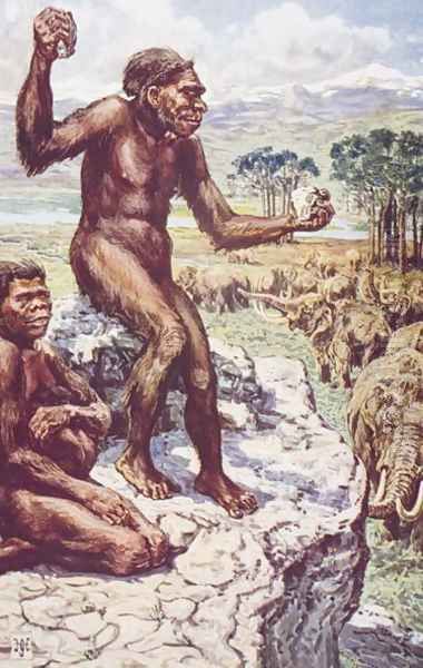 Neanderthal Mankind Oil Painting by Harry Hamilton Johnston