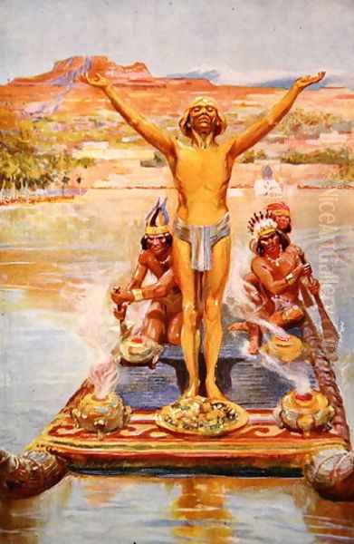 This Golden Being Embarked Upon a Raft from Pioneers in Tropical America Oil Painting by Harry Hamilton Johnston