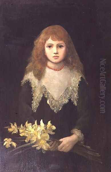 Portrait of a young girl with a bouquet of daffodils Oil Painting by Louise Jopling