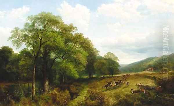 A herd of deer in a wooded river landscape, near Kenilworth Oil Painting by Henry Jutsum