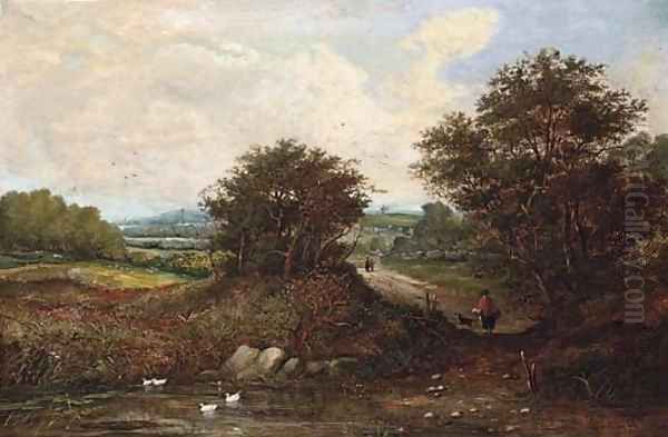 Figures in an extensive landscape Oil Painting by Henry Jutsum