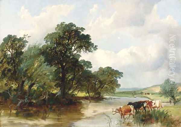 Cattle watering in a wooded river landscape Oil Painting by Henry Jutsum