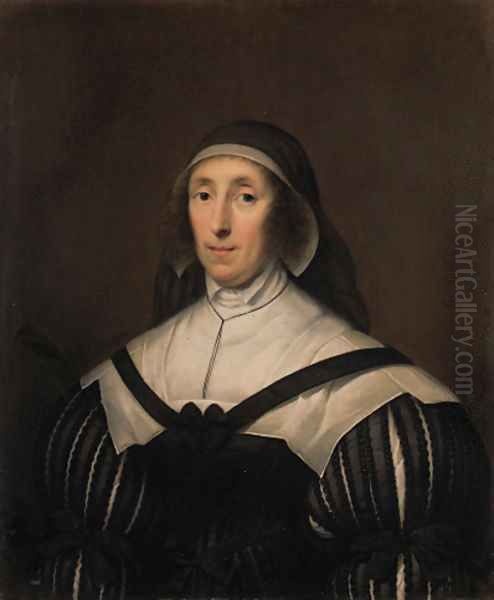 Portrait of Lady Palmer, half-length, in a black dress with a white collar Oil Painting by Cornelius Jonson