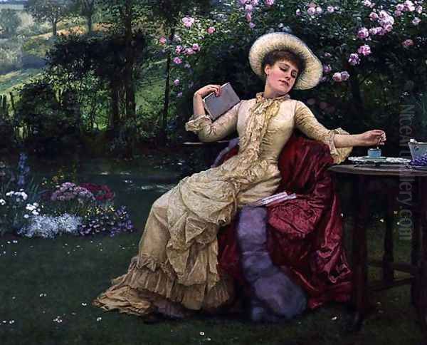 Drinking Coffee and Reading in the Garden Oil Painting by Edward Killingworth Johnson