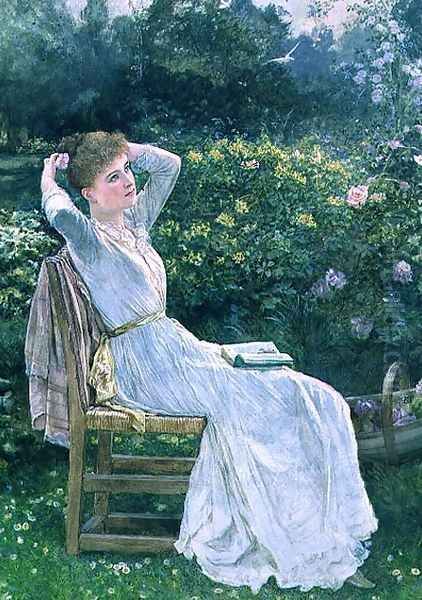 Summertime portrait of the artists wife Hannah Oil Painting by Edward Killingworth Johnson