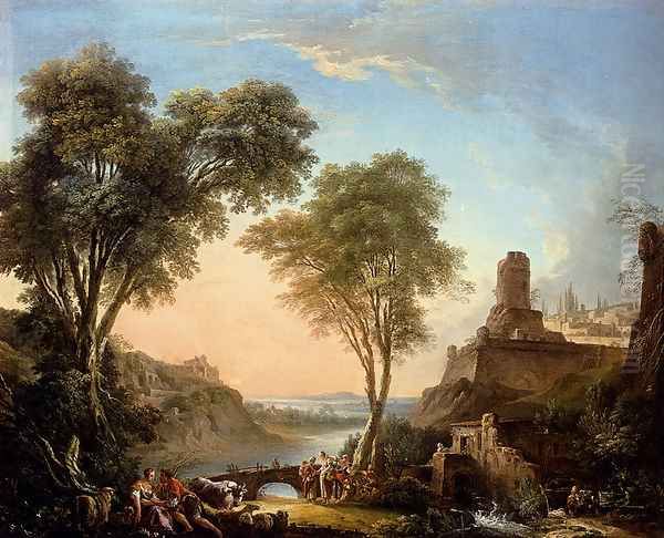 Figures Resting On The Banks Of A River, A Bridge In The Distance Oil Painting by Nicolas-Jacques Juliard