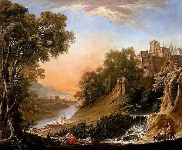 Figures Resting On The Banks Of A River, A Waterfall In The Foreground Oil Painting by Nicolas-Jacques Juliard