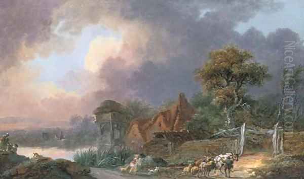 Peasants travelling on a path by a hamlet Oil Painting by Nicolas-Jacques Juliard