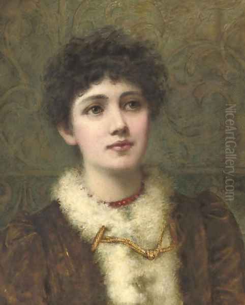 Portrait of a lady, bust-length, wearing a red bead necklace Oil Painting by Helen Jackson