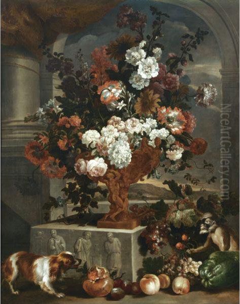 Still Life With A Large Bouquet 
Of Flowers In A Sculpted Bronze Urnresting On A Carved Stone Base, 
Together With A Spaniel, A Monkeyand Various Fruits Oil Painting by Pieter III Casteels