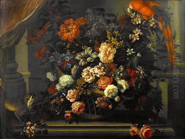 A Still Life Of Roses, Carnations With Otherflowers And A Monkey And A Parrot Oil Painting by Pieter III Casteels