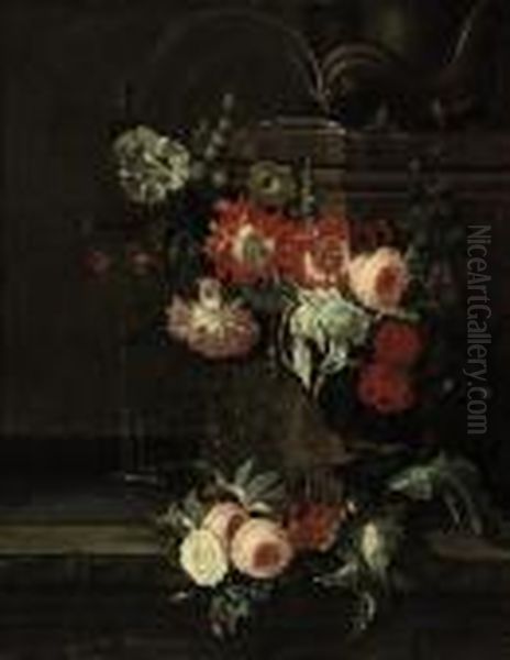 An Iris, Ornamental Poppies, 
Roses, Hollyhocks And Other Flowersdecorating A Classical Fountain Oil Painting by Pieter III Casteels