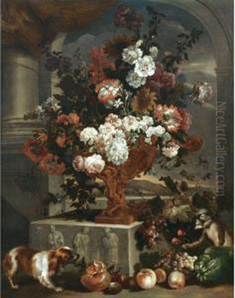 Still Life With A Large Bouquet 
Of Flowers In A Sculpted Bronze Urnresting On A Carved Stone Base, 
Together With A Spaniel, A Monkeyand Various Fruit Oil Painting by Pieter III Casteels