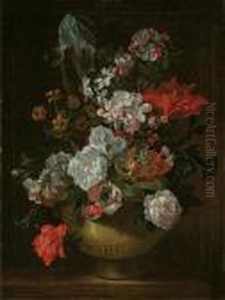 Iris, Tulips, Roses, Carnations And Other Flowers In An Urn On Astone Ledge Oil Painting by Pieter III Casteels