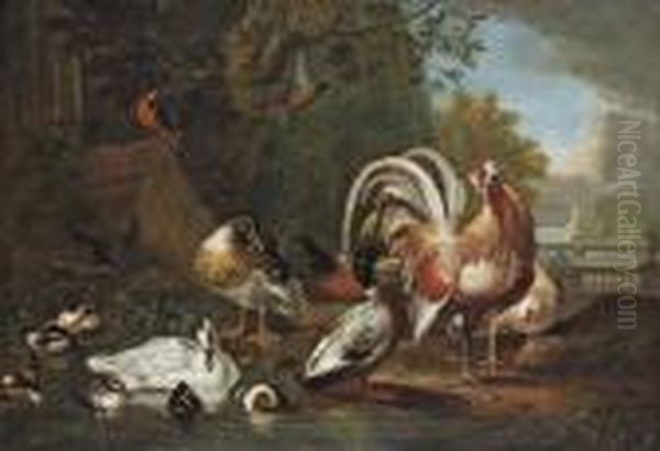 A Cockerel, A Hen, A Pheasant, 
Ducks, Ducklings And Kingfishers At The Edge Of A Pond, In A Park 
Landscape With Classical Ruins Oil Painting by Pieter III Casteels