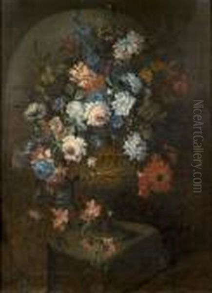 Nature Morte Au Bouquet De Fleurs Dans Un Vase Sculpte Oil Painting by Pieter III Casteels