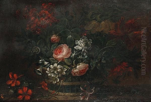 A Still Life Of Roses And Other Flowers In A Basket Oil Painting by Pieter III Casteels