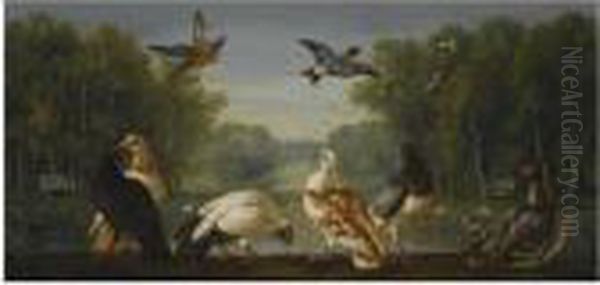 A Park Landscape With A Kingfisher, A Bullfinch Oil Painting by Pieter III Casteels