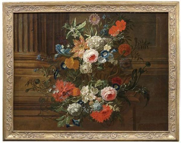 Rosen, Tulpen, Anemonen, Iris, 
Schneeball Und Andere Blumen In Einer Kratervase Vor Einer 
Saulenarchitektur Oil Painting by Pieter III Casteels