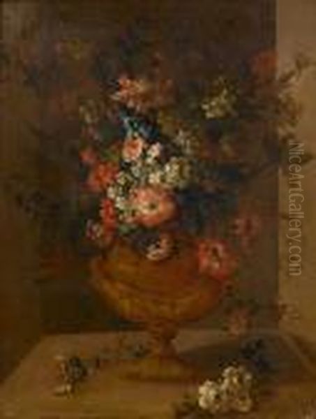 Roses, Carnations, Convolvulus And Otherflowers In A Bronze Vase Displayed In A Niche Oil Painting by Pieter III Casteels